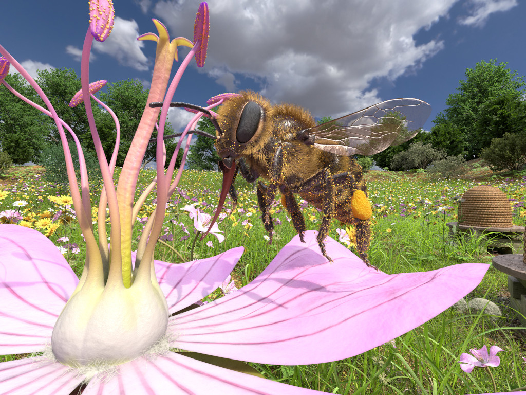 Honigbiene landet in virtueller Realität auf einer Blüte